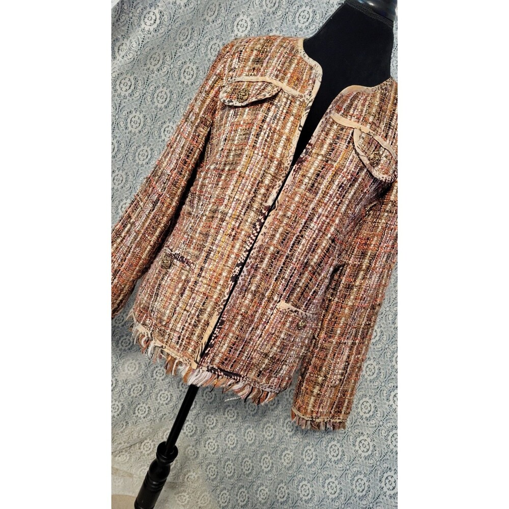 Chico's Multi-Color Tweed Frayed Fringe Jacket Blazer Size 2 Large Hook Eye Clos